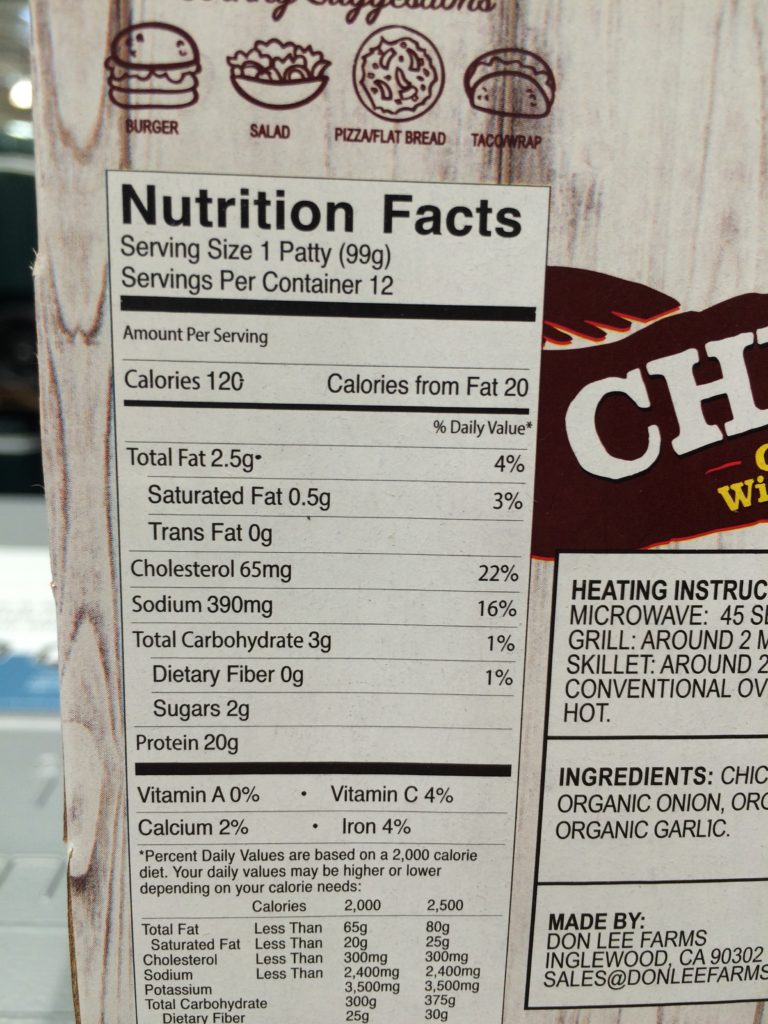 Costco988973DONLEEFarmsGrilledChickenPattychart CostcoChaser